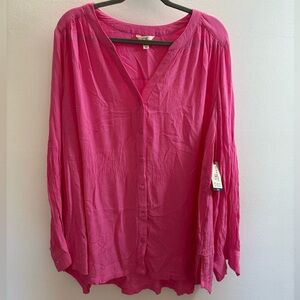 Terra & Sky Pink Pleated Woven V-Neck Button Down Blouse 2X (20-22W)